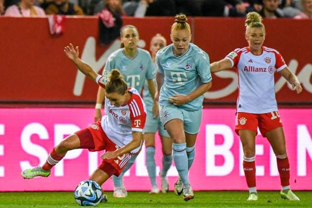 Womens soccer foul by VOGT Laura on MAGULL Lina during the Google Pixel womens soccer Bundesliga match between FC Bayern Munich and 1 FC Köln on 02 10 2023, Germany, Bayern Munich FC Bayern Campus Bayern Germany