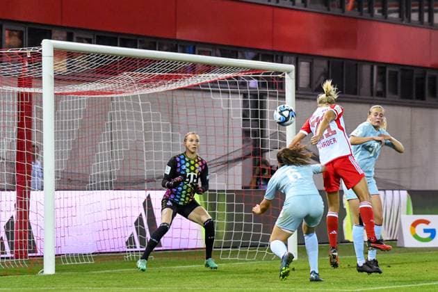 Womens soccer header to 1 0 by HARDER Pernille against CORDES Lotta, VENDELBO Sofie and PAL Jasmin during the Google Pixel womens soccer Bundesliga match between FC Bayern Munich and 1 FC Köln on 02 10 2023, Germany, Bayern Munich FC Bayern Campus Bayern Germany