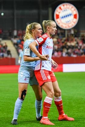 Womens soccer duel VENDELBO Sofie with SCHÜLLER Lea during the Google Pixel womens soccer Bundesliga match of FC Bayern München against 1 FC Köln on 02 10 2023, Germany, Bayern Munich FC Bayern Campus Bayern Germany