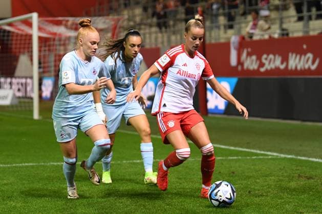 Womens soccer VENDELBO Sofie, VOGT Laura and SCHÜLLER Lea at the Google Pixel womens soccer Bundesliga match between FC Bayern Munich and 1 FC Köln on 02 10 2023, Germany, Bayern Munich FC Bayern Campus Bayern Germany.