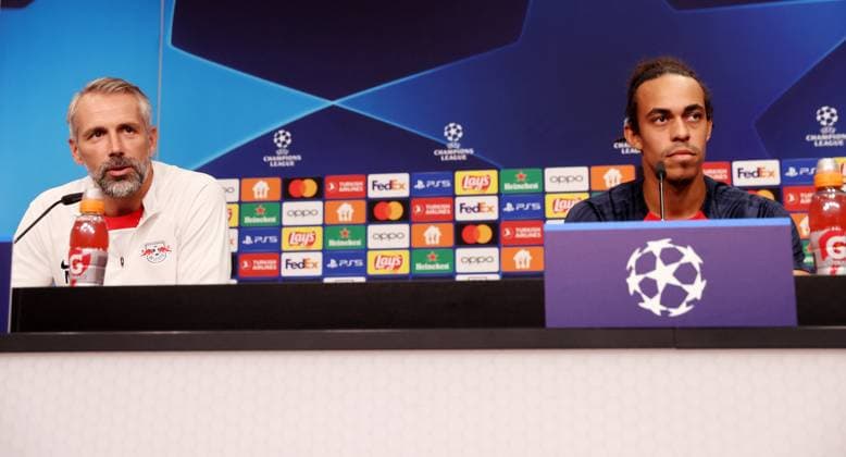 RB Leipzig PK Champions League Leipzig, 03 10 2023, Red Bull Arena, UEFA Champions League , RB Leipzig press conference the day before RBL v Manchester City , In picture coach Marco Rose RB Leipzig and Yussuf Yurary Poulsen 9, RB Leipzig , Picture Point