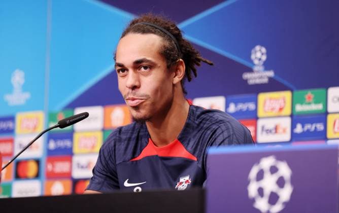RB Leipzig PK Champions League Leipzig, 03 10 2023, Red Bull Arena, UEFA Champions League , RB Leipzig press conference the day before RBL v Manchester City , In picture Yussuf Poulsen, player of RB Leipzig , Picture Point