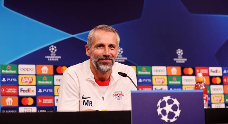 RB Leipzig PK Champions League Leipzig, 03 10 2023, Red Bull Arena, UEFA Champions League , RB Leipzig press conference the day before RBL v Manchester City , In picture coach Marco Rose RB Leipzig , Picture Point