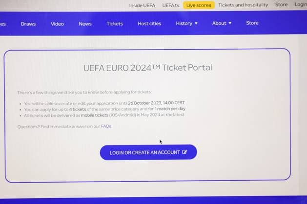 EURO 2024 tickets go on general sale Photo taken on October 2023 in Zagreb, Croatia shows illustration for ticket applications for UEFA EURO, EM, Europameisterschaft,Fussball 2024 through the official UEFA ticketing platform. Over 1.2 million tickets will be available in the application period from 3 October until 26 October 2023. LukaxStanzl PIXSELL