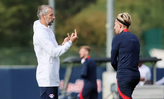 RB Leipzig training Champions League Leipzig, 03 10 2023, RB training center, UEFA Champions League , RB Leipzig final training the day before RBL v Manchester City , Pictured v l coach Marco Rose and Kevin Kampl both RB Leipzig , Picture Point