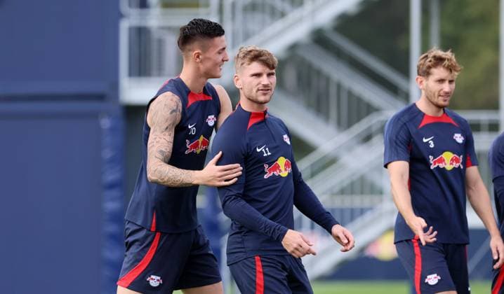RB Leipzig training Champions League Leipzig, 03 10 2023, RB training center, UEFA Champions League , RB Leipzig final training the day before RBL v Manchester City , Pictured from l Benjamin Sesko 30, RB Leipzig , Timo Werner 11, RB Leipzig and Christopher Lenz 3, RB Leipzig , Picture Point