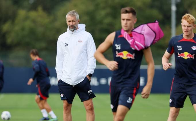 RB Leipzig Training Champions League Leipzig, 03 10 2023, RB Training Center, UEFA Champions League , RB Leipzig final training on the eve of RBL v Manchester City , In picture f l coach Marco Rose RB Leipzig , Christoph Baumgartner and Nicolas Seiwald , Picture Point