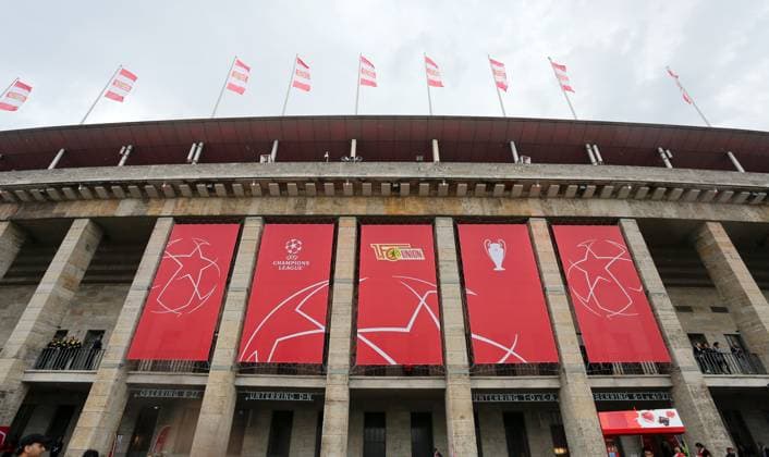 Union flags at Olympiastadion, red Union banners CL logo sports football soccer UEFA Champions League UCL men 2 matchday season 2023 2024 03 10 2023 1 FC Union Berlin FCU vs SC Braga Olympiastadion DFL regulations prohibit any use of photographs as image sequences and or quasi video