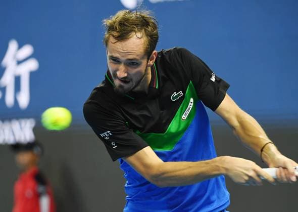 (231003) -- BEIJING, Oct. 3, 2023 -- Russia s Daniil Medvedev competes during the men s singles semifinal between Germany s Alexander Zverev and Russia s Daniil Medvedev at 2023 China Open tennis tournament in Beijing, capital of China, Oct. 3, 2023. ) (SP)CHINA-BEIJING-TENNIS-CHINA OPEN-MEN S SINGLES-SEMIFINAL (CN) ZhangxChenlin 