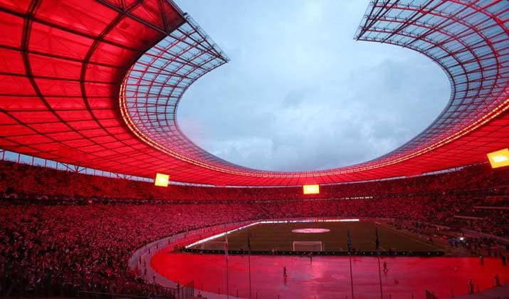 Olympiastadion sports venue overview all in red sports football soccer UEFA Champions League UCL men 2 matchday season 2023 2024 03 10 2023 1 FC Union Berlin FCU vs SC Braga Olympiastadion DFL regulations prohibit any use of photographs as image sequences and or quasi video