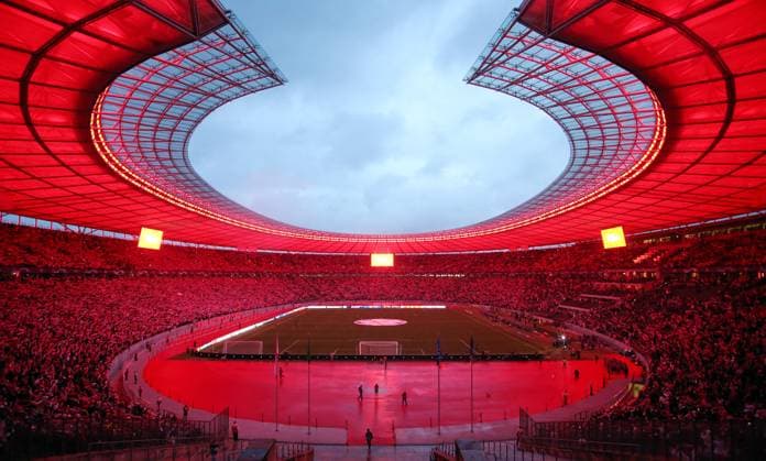 Olympiastadion sports venue overview all in red sports football soccer UEFA Champions League UCL men 2 matchday season 2023 2024 03 10 2023 1 FC Union Berlin FCU vs SC Braga Olympiastadion DFL regulations prohibit any use of photographs as image sequences and or quasi video