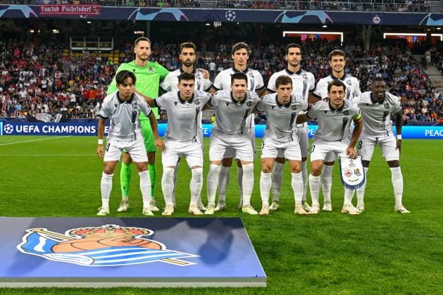 SOCCER - UEFA CL, RBS vs Sociedad SALZBURG,AUSTRIA,03.OCT.23 - SOCCER - UEFA Champions League, group stage, Red Bull Salzburg vs Real Sociedad. Image shows the team of Real Sociedad.  GEPAxpictures xDanielxSchoenherr