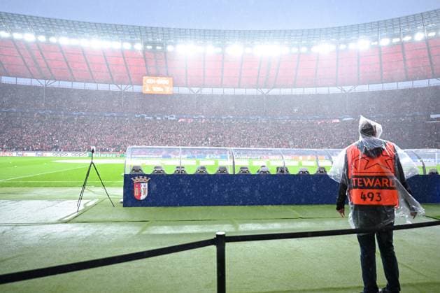 03 10 2023, Football, Champions League, 2 match day, 2023 2024 season, 1 FC Union Berlin Sporting Braga, rain before kickoff xRHR PHOTO TKx Copyright: RHR-FOTOx RHR-FOTO TK