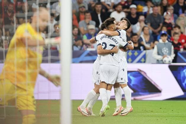 SOCCER - UEFA CL, RBS vs Sociedad SALZBURG,AUSTRIA,03.OCT.23 - SOCCER - UEFA Champions League, group stage, Red Bull Salzburg vs Real Sociedad. Image shows the rejoicing of Sociedad.  GEPAxpictures xMathiasxMandl