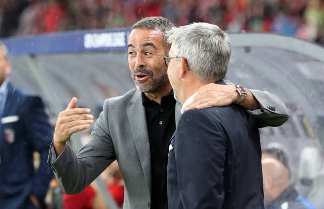 Coach Artur Jorge and coach Urs Fischer before the start of the match Sports Football Soccer UEFA Champions League UCL Men 2 Matchday Season 2023 2024 03 10 2023 1 FC Union Berlin FCU vs SC Braga Olympiastadion DFL regulations prohibit any use of photographs as image sequences and or quasi video