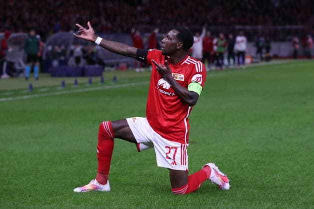 03 10 2023, xtgx, football, UEFA Champions League, 1 FC Union Berlin Sporting Braga emspor, v l Sheraldo Becker Union Berlin, 27 Jubel, Torjubel, jubelt über das Tor, celebrate the goal, celebration nach dem 1 0 DFL DFB REGULATIONS PROHIBIT ANY USE OF PHOTOGRAPHS as IMAGE SEQUENCES and or QUASI VIDEO Olympiastadion