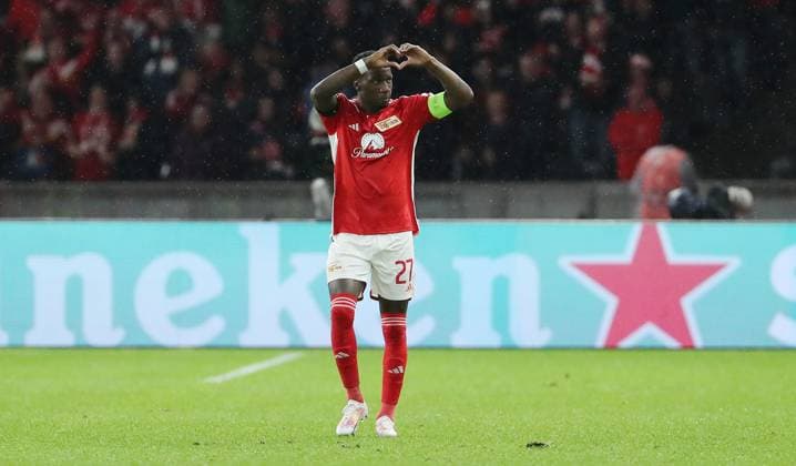 Sheraldo Becker cheers after 1 0 joy emotion jubilation sports soccer soccer UEFA Champions League UCL men 2 matchday season 2023 2024 03 10 2023 1 FC Union Berlin FCU vs SC Braga Olympiastadion DFL regulations prohibit any use of photographs as image sequences and or quasi video