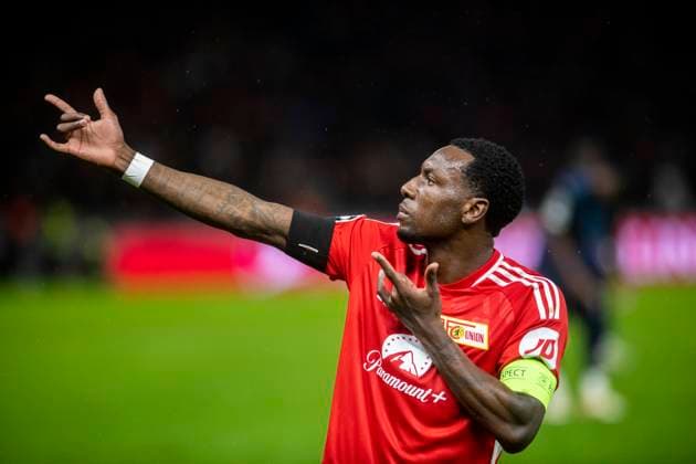3 10 2023, GER, Football, Men, Champions League, UEFA, 2023 2024 season, Matchday 2, 1 FC Union Berlin Sporting Braga Sheraldo Becker 1 FC Union Berlin celebrates his goal to make it 1 0 Berlin Olympiastadion Berlin Germany
