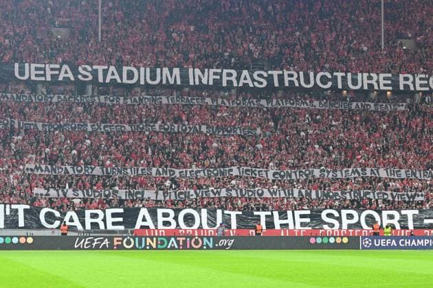 Football, Men, 2023 2024 season, UEFA Champions League Group C, Matchday 2 , 1 FC Union Berlin Sporting Braga, v l The fans of 1 FC Union Berlin with protests against UEFA, 03 10 2023, Copyright: xMatthiasxKochx