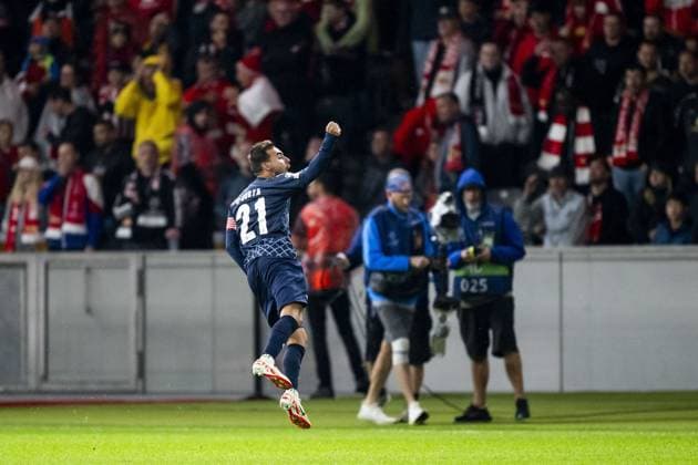 03 10 2023, xfrx, football UEFA Champions League, Union Berlin Sporting Braga emspor, v l Ricardo Horta Sporting Braga celebrate the goal,Goal celebrations to 2 2 DFL DFB REGULATIONS PROHIBIT ANY USE OF PHOTOGRAPHS as IMAGE SEQUENCES and or QUASI VIDEO Berlin