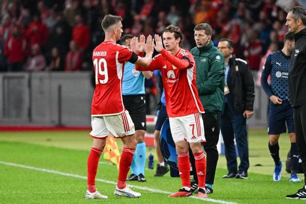 Football, Men, 2023 2024 season, UEFA Champions League Group C, Matchday 2 , 1 FC Union Berlin Sporting Braga, v l Janik Haberer 1 FC Union Berlin and Brenden Aaronson 1 FC Union Berlin , 03 10 2023, Copyright: xMatthiasxKochx