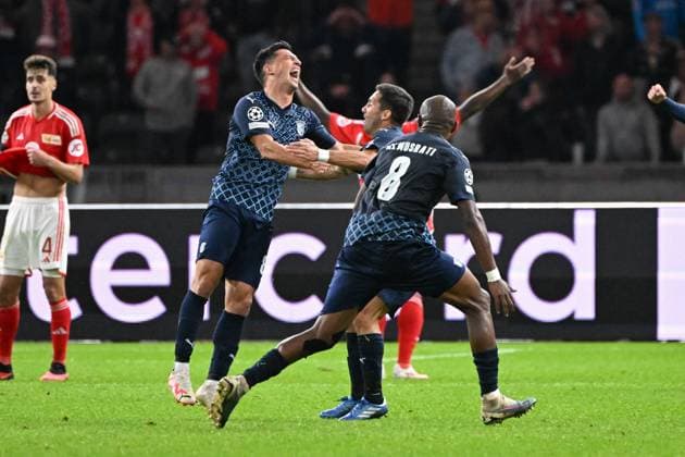 Football, Men, 2023 2024 season, UEFA Champions League Group C, Matchday 2 , 1 FC Union Berlin Sporting Braga, v l Andre Castro Sporting Braga goal celebration, cheering after scoring the 2 3, 03 10 2023, Copyright: xMatthiasxKochx