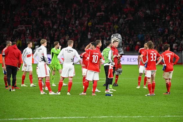 Football, Men, 2023 2024 season, UEFA Champions League Group C, Matchday 2 , 1 FC Union Berlin Sporting Braga, v l The players of 1 FC Union Berlin disappointed, disappointed, 03 10 2023, Copyright: xMatthiasxKochx