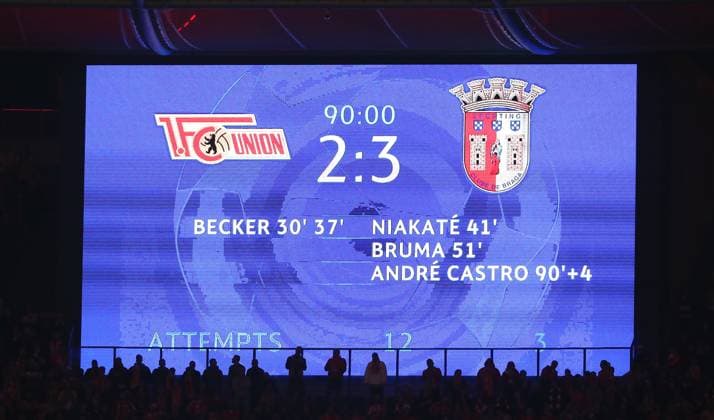 Scoreboard with final result 2 3 Sports Football Soccer UEFA Champions League UCL Men 2 Matchday Season 2023 2024 03 10 2023 1 FC Union Berlin FCU vs SC Braga Olympiastadion DFL regulations prohibit any use of photographs as image sequences and or quasi video