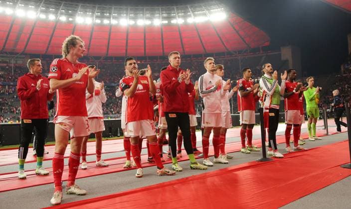 Union team disappointed after end of match disappointment Sports Football Soccer UEFA Champions League UCL Men 2 Matchday Season 2023 2024 03 10 2023 1 FC Union Berlin FCU vs SC Braga Olympiastadion DFL regulations prohibit any use of photographs as image sequences and or quasi video