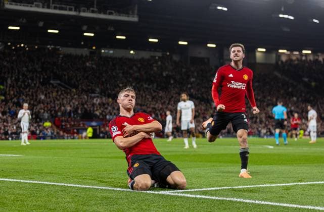 Football - UEFA Champions League - Group A - Manchester United, ManU FC v Galatasaray S.K. MANCHESTER, ENGLAND - Tuesday, October 3, 2023: Manchester United s Rasmus Hojlund celebrates after scoring the opening goal during the UEFA Champions League Group A match between Manchester United FC and Galatasaray S.K. at Old Trafford. MANCHESTER Old Trafford GREATER MANCHESTER ENGLAND  Copyright: xDavidxRawcliffex P2023-10-03-Man_Utd_Galatasaray-11