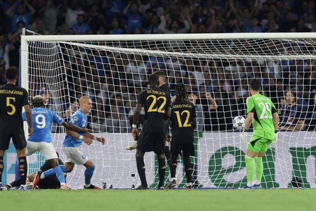Italy: Serie a football match SSC Napoli vs Real Madrid SSC Napoli™s Norwegian defender Leo Skiri Ostigard celebrates after scoring a goal during the Uefa champions league match between SSC Napoli vs Real Madrid at the Diego Armando Maradona Stadium in Naples, southern Italy, on October 03, 2023. ABPH1906 Copyright: xAntonioxBalascox