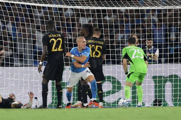 Italy: Serie a football match SSC Napoli vs Real Madrid SSC Napoli™s Norwegian defender Leo Skiri Ostigard celebrates after scoring a goal during the Uefa champions league match between SSC Napoli vs Real Madrid at the Diego Armando Maradona Stadium in Naples, southern Italy, on October 03, 2023. ABPH1916 Copyright: xAntonioxBalascox