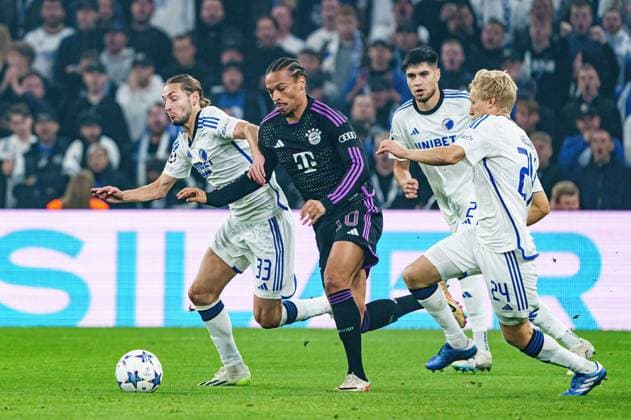 Rasmus Falk FC Copenhagen, 33 , Leroy Sane FC Bayern Muenchen, 10 , Birger Meling FC Copenhagen, 24 DEN, FC Copenhagen vs FC Bayern Muenchen, Football, Champions League, Group A, Matchday 2, Season 2023 2024, 03 10 2023 DEN, FC Copenhagen vs FC Bayern Muenchen, Football, Champions League, Group A, Matchday 2, Season 2023 2024, 03 10 2023 Copenhagen. Copyright: xEibner-Pressefoto MarcelxvonxFehrnx EP_MFN