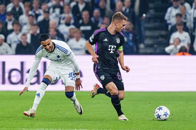 Elias Achouri FC Copenhagen, 30 , Joshua Kimmich FC Bayern Muenchen, 06 DEN, FC Copenhagen vs FC Bayern Muenchen, Football, Champions League, Group A, Matchday 2, Season 2023 2024, 03 10 2023 DEN, FC Copenhagen vs FC Bayern Muenchen, Football, Champions League, Group A, Matchday 2, Season 2023 2024, 03 10 2023 Copenhagen. Copyright: xEibner-Pressefoto MarcelxvonxFehrnx EP_MFN