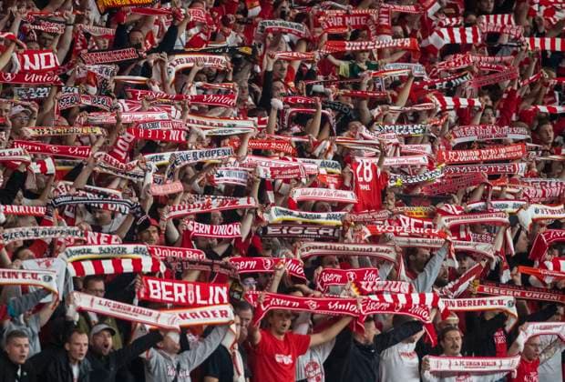 3 10 2023, GER, soccer, men, Champions League, UEFA, 2023 2024 season, matchday 2, 1 FC Union Berlin Sporting Braga 2 3 Union Berlin fans hold up scarves Berlin Olympiastadion Berlin Germany