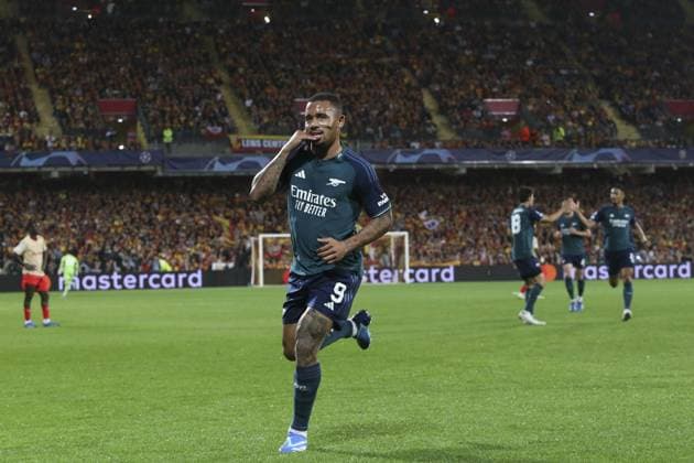 Joie - But de Gabriel Jesus (Arsenal) FOOTBALL : RC Lens Vs Arsenal - Ligue des Champions - 03 10 2023 MichaelBaucher Panoramic 