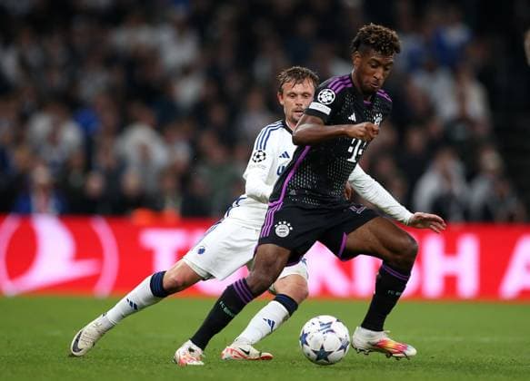 03 10 2023, Football UEFA Champions League 2023 2024, Group stage, Matchday 2, FC Copenhagen FC Bayern Munich, at Parken Stadion Copenhagen L R Peter Ankersen FC Copenhagen vs Kingsley Coman Bayern Munich DFL and DFB regulations prohibit any use of photographs as image sequences and or quasi video