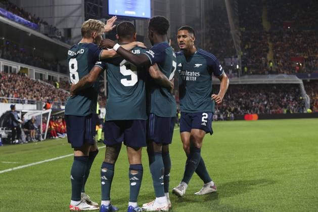 Joie - But de Gabriel Jesus (Arsenal) - Martin Odegaard (Arsenal) - Bukayo Saka (Arsenal) - William Saliba (Arsenal) FOOTBALL : RC Lens Vs Arsenal - Ligue des Champions - 03 10 2023 MichaelBaucher Panoramic 
