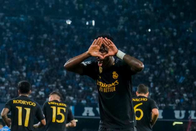 Italy: Serie a football match SSC Napoli vs Real Madrid Real Madrid s Brazilian forward Vinicius Junior celebrates after scoring a goal during the Uefa champions league match between SSC Napoli vs Real Madrid at the Diego Armando Maradona Stadium in Naples, southern Italy, on October 03, 2023. DSCF9700 Copyright: xAntonioxBalascox