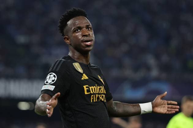 Vinicius Junior of Real Madrid CF celebrates after scoring the goal of 1-1 during the Champions League Group C football match between SSC Napoli and Real Madrid FC at Diego Armando Maradona stadium in Naples (Italy), October 3rd, 2023. cesarexpurini