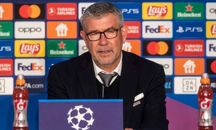 3 10 2023, GER, soccer, men, Champions League, UEFA, season 2023 2024, matchday 2, 1 FC Union Berlin Sporting Braga 2 3 coach Urs Fischer 1 FC Union Berlin at the post-match press conference Berlin Olympiastadion Berlin Germany