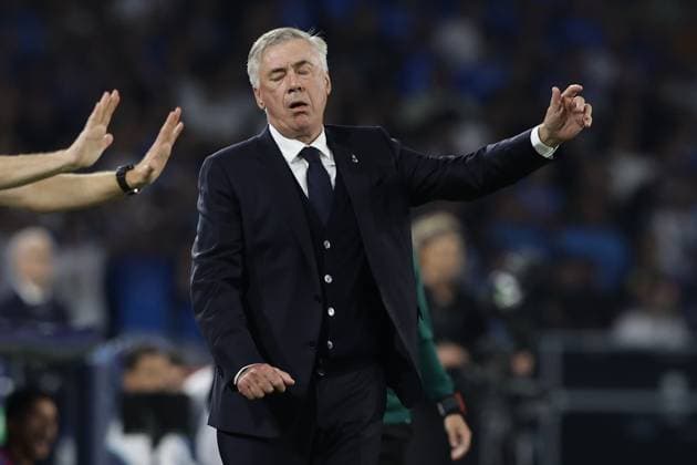 Foto Alessandro Garofalo LaPresse 03 ottobre 2023 Napoli, Italia - Calcio - Champions League 2023 2024 - Napoli Vs Real Madrid - Stadio Diego Armando Maradona. Nella foto: Carlo Ancelotti (head coach Real Madrid) October 03, 2023 Naples, Italy Sport - Soccer - Champions League 2023 2024 - Napoli Vs Real Madrid Diego Armando Maradona stadium. In the picture: Carlo Ancelotti (head coach Real Madrid)  Copyright: xAlessandroxGarofalo LaPressex