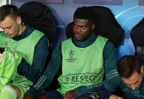 Lens, France, 3rd October 2023. Thomas Partey of Arsenal sits on the subs bench during the UEFA Champions League match at the Estadio Bollaert Delelis, Lens. Picture credit should read: David Klein Sportimage EDITORIAL USE ONLY. No use with unauthorised audio, video, data, fixture lists, club league logos or live services. Online in-match use limited to 120 images, no video emulation. No use in betting, games or single club league player publications. SPI-2623-0036