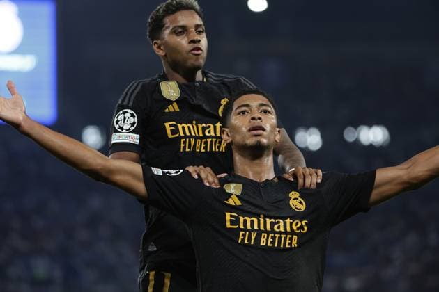 Sport Bilder des Tages Jude Bellingham of Real Madrid CF celebrates after scoring the goal of 1-2 during the Champions League Group C football match between SSC Napoli and Real Madrid FC at Diego Armando Maradona stadium in Naples (Italy), October 3rd, 2023. cesarexpurini