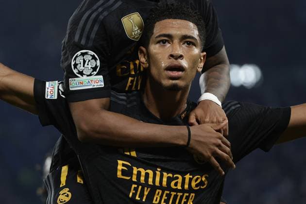 Jude Bellingham of Real Madrid CF celebrates after scoring the goal of 1-2 during the Champions League Group C football match between SSC Napoli and Real Madrid FC at Diego Armando Maradona stadium in Naples (Italy), October 3rd, 2023. cesarexpurini