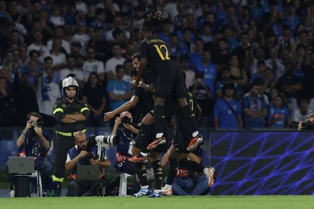 Foto Alessandro Garofalo LaPresse 03 ottobre 2023 Napoli, Italia - Calcio - Champions League 2023 2024 - Napoli Vs Real Madrid - Stadio Diego Armando Maradona. Nella foto: goal 1-2 Jude Bellingham (Real Madrid) October 03, 2023 Naples, Italy Sport - Soccer - Champions League 2023 2024 - Napoli Vs Real Madrid Diego Armando Maradona stadium. In the picture: Jude Bellingham (Real Madrid) scores 1-2  Copyright: xAlessandroxGarofalo LaPressex