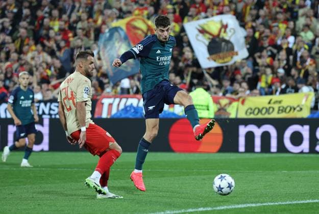 Lens, France, 3rd October 2023. Kai Havertz of Arsenal has a shot on goal during the UEFA Champions League match at the Estadio Bollaert Delelis, Lens. Picture credit should read: David Klein Sportimage EDITORIAL USE ONLY. No use with unauthorised audio, video, data, fixture lists, club league logos or live services. Online in-match use limited to 120 images, no video emulation. No use in betting, games or single club league player publications. SPI-2623-0044
