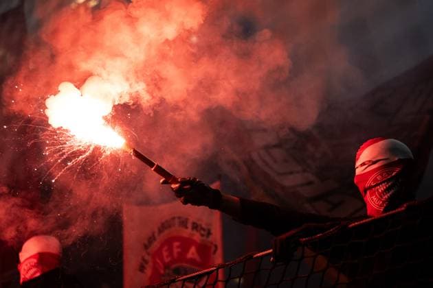 231003 Supporters of Bayern Munich with pyrotechnics during the UEFA Champions League football match between FC Copenhagen and Bayern Munich on October 3, 2023 in Copenhagen Photo Petter Arvidson BILDBYRAN kod PA PA0658 fotboll soccer fotball champions league fc copenhagen bayern münchen bbeng bayern munich fc köpenhamn bengaler publik pyro  Copyright: PETTERxARVIDSON BB231003PA119