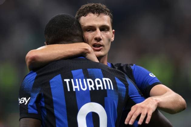 Milan, Italy, 3rd October 2023. Marcus Thuram of FC Internazionale celebrates with team mate Benjamin Pavard after scoring to give the side a 1-0 lead during the UEFA Champions League match at Giuseppe Meazza, Milan. Picture credit should read: Jonathan Moscrop Sportimage EDITORIAL USE ONLY. No use with unauthorised audio, video, data, fixture lists, club league logos or live services. Online in-match use limited to 120 images, no video emulation. No use in betting, games or single club league player publications. SPI-2603-0023