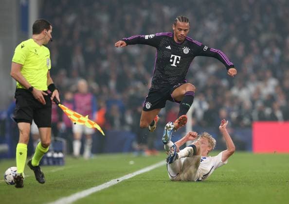 03 10 2023, Football UEFA Champions League 2023 2024, Group stage, Matchday 2, FC Copenhagen FC Bayern Munich, at Parken Stadion Copenhagen L R Leroy Sane Bayern Munich vs Birger Meling FC Copenhagen DFL and DFB regulations prohibit any use of photographs as image sequences and or quasi video